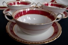AYNSLEY #3777 RED BAND, BROWN DECOR RIM,  GILT -  SOUP BOWL & SAUCER .....   http://jaapiesfinechinastore.com