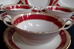 AYNSLEY #3777 RED BAND, BROWN DECOR RIM,  GILT -  SOUP BOWL & SAUCER .....   http://jaapiesfinechinastore.com