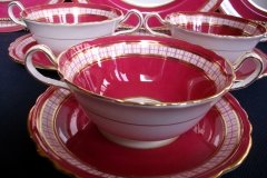 AYNSLEY #7228- RASPBERRY RED BODY, PLAID BAND, SCALLOPED, GILT -  AYNSLEY #7228 PLAID-  SOUP BOWL & SAUCER    .....   http://jaapiesfinechinastore.com