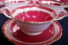 AYNSLEY #7228- RASPBERRY RED BODY, PLAID BAND, SCALLOPED, GILT -  AYNSLEY #7228 PLAID-  SOUP BOWL & SAUCER    .....   http://jaapiesfinechinastore.com