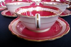 AYNSLEY #7228- RASPBERRY RED BODY, PLAID BAND, SCALLOPED, GILT -  AYNSLEY #7228 PLAID-  SOUP BOWL & SAUCER    .....   http://jaapiesfinechinastore.com