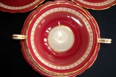 AYNSLEY #7228- RASPBERRY RED BODY, PLAID BAND, SCALLOPED, GILT -  AYNSLEY #7228 PLAID-  SOUP BOWL & SAUCER    .....   http://jaapiesfinechinastore.com