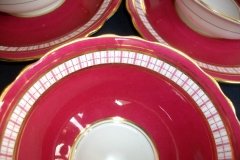 AYNSLEY #7228- RASPBERRY RED BODY, PLAID BAND, SCALLOPED, GILT -  AYNSLEY #7228 PLAID-  SOUP BOWL & SAUCER    .....   http://jaapiesfinechinastore.com