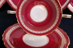 AYNSLEY #7228- RASPBERRY RED BODY, PLAID BAND, SCALLOPED, GILT -  AYNSLEY #7228 PLAID-  SOUP BOWL & SAUCER    .....   http://jaapiesfinechinastore.com