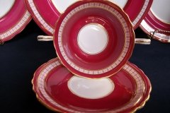 AYNSLEY #7228- RASPBERRY RED BODY, PLAID BAND, SCALLOPED, GILT -  AYNSLEY #7228 PLAID-  SOUP BOWL & SAUCER    .....   http://jaapiesfinechinastore.com