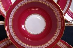 AYNSLEY #7228- RASPBERRY RED BODY, PLAID BAND, SCALLOPED, GILT -  AYNSLEY #7228 PLAID-  SOUP BOWL & SAUCER    .....   http://jaapiesfinechinastore.com