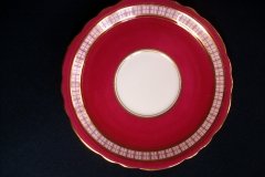 AYNSLEY #7228- RASPBERRY RED BODY, PLAID BAND, SCALLOPED, GILT -  AYNSLEY #7228 PLAID-  SOUP BOWL & SAUCER    .....   http://jaapiesfinechinastore.com