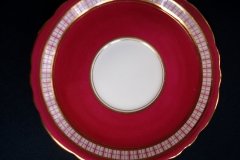 AYNSLEY #7228- RASPBERRY RED BODY, PLAID BAND, SCALLOPED, GILT -  AYNSLEY #7228 PLAID-  SOUP BOWL & SAUCER    .....   http://jaapiesfinechinastore.com