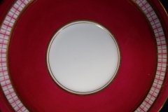 AYNSLEY #7228- RASPBERRY RED BODY, PLAID BAND, SCALLOPED, GILT -  AYNSLEY #7228 PLAID-  SOUP BOWL & SAUCER    .....   http://jaapiesfinechinastore.com