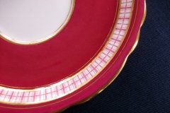 AYNSLEY #7228- RASPBERRY RED BODY, PLAID BAND, SCALLOPED, GILT -  AYNSLEY #7228 PLAID-  SOUP BOWL & SAUCER    .....   http://jaapiesfinechinastore.com