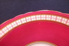 AYNSLEY #7228- RASPBERRY RED BODY, PLAID BAND, SCALLOPED, GILT -  AYNSLEY #7228 PLAID-  SOUP BOWL & SAUCER    .....   http://jaapiesfinechinastore.com