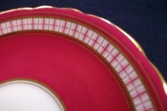 AYNSLEY #7228- RASPBERRY RED BODY, PLAID BAND, SCALLOPED, GILT -  AYNSLEY #7228 PLAID-  SOUP BOWL & SAUCER    .....   http://jaapiesfinechinastore.com