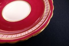 AYNSLEY #7228- RASPBERRY RED BODY, PLAID BAND, SCALLOPED, GILT -  AYNSLEY #7228 PLAID-  SOUP BOWL & SAUCER    .....   http://jaapiesfinechinastore.com