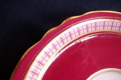 AYNSLEY #7228- RASPBERRY RED BODY, PLAID BAND, SCALLOPED, GILT -  AYNSLEY #7228 PLAID-  SOUP BOWL & SAUCER    .....   http://jaapiesfinechinastore.com