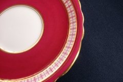AYNSLEY #7228- RASPBERRY RED BODY, PLAID BAND, SCALLOPED, GILT -  AYNSLEY #7228 PLAID-  SOUP BOWL & SAUCER    .....   http://jaapiesfinechinastore.com