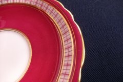 AYNSLEY #7228- RASPBERRY RED BODY, PLAID BAND, SCALLOPED, GILT -  AYNSLEY #7228 PLAID-  SOUP BOWL & SAUCER    .....   http://jaapiesfinechinastore.com