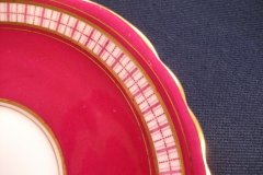AYNSLEY #7228- RASPBERRY RED BODY, PLAID BAND, SCALLOPED, GILT -  AYNSLEY #7228 PLAID-  SOUP BOWL & SAUCER    .....   http://jaapiesfinechinastore.com