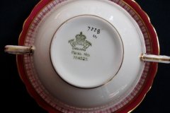 AYNSLEY #7228- RASPBERRY RED BODY, PLAID BAND, SCALLOPED, GILT -  AYNSLEY #7228 PLAID-  SOUP BOWL & SAUCER    .....   http://jaapiesfinechinastore.com