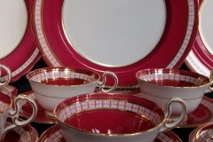 AYNSLEY #7228- RASPBERRY RED BODY, PLAID BAND, SCALLOPED, GILT -  CUP  &  SAUCER    .....   http://jaapiesfinechinastore.com