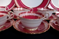 AYNSLEY #7228- RASPBERRY RED BODY, PLAID BAND, SCALLOPED, GILT -  CUP  &  SAUCER    .....   http://jaapiesfinechinastore.com