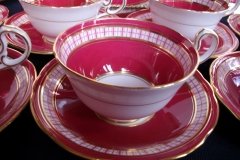 AYNSLEY #7228- RASPBERRY RED BODY, PLAID BAND, SCALLOPED, GILT -  CUP  &  SAUCER    .....   http://jaapiesfinechinastore.com