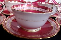 AYNSLEY #7228- RASPBERRY RED BODY, PLAID BAND, SCALLOPED, GILT -  CUP  &  SAUCER    .....   http://jaapiesfinechinastore.com