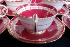 AYNSLEY #7228- RASPBERRY RED BODY, PLAID BAND, SCALLOPED, GILT -  CUP  &  SAUCER    .....   http://jaapiesfinechinastore.com