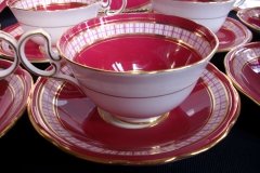 AYNSLEY #7228- RASPBERRY RED BODY, PLAID BAND, SCALLOPED, GILT -  CUP  &  SAUCER    .....   http://jaapiesfinechinastore.com