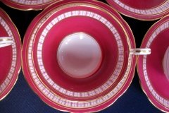 AYNSLEY #7228- RASPBERRY RED BODY, PLAID BAND, SCALLOPED, GILT -  CUP  &  SAUCER    .....   http://jaapiesfinechinastore.com