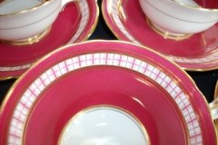 AYNSLEY #7228- RASPBERRY RED BODY, PLAID BAND, SCALLOPED, GILT -  CUP  &  SAUCER    .....   http://jaapiesfinechinastore.com