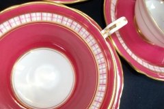 AYNSLEY #7228- RASPBERRY RED BODY, PLAID BAND, SCALLOPED, GILT -  CUP  &  SAUCER    .....   http://jaapiesfinechinastore.com