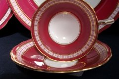 AYNSLEY #7228- RASPBERRY RED BODY, PLAID BAND, SCALLOPED, GILT -  CUP  &  SAUCER    .....   http://jaapiesfinechinastore.com