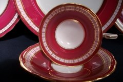 AYNSLEY #7228- RASPBERRY RED BODY, PLAID BAND, SCALLOPED, GILT -  CUP  &  SAUCER    .....   http://jaapiesfinechinastore.com