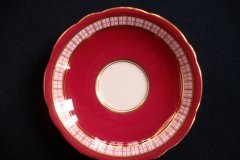 AYNSLEY #7228- RASPBERRY RED BODY, PLAID BAND, SCALLOPED, GILT -  CUP  &  SAUCER    .....   http://jaapiesfinechinastore.com