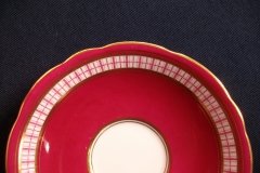 AYNSLEY #7228- RASPBERRY RED BODY, PLAID BAND, SCALLOPED, GILT -  CUP  &  SAUCER    .....   http://jaapiesfinechinastore.com