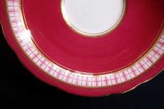 AYNSLEY #7228- RASPBERRY RED BODY, PLAID BAND, SCALLOPED, GILT -  CUP  &  SAUCER    .....   http://jaapiesfinechinastore.com