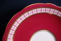 AYNSLEY #7228- RASPBERRY RED BODY, PLAID BAND, SCALLOPED, GILT -  CUP  &  SAUCER    .....   http://jaapiesfinechinastore.com