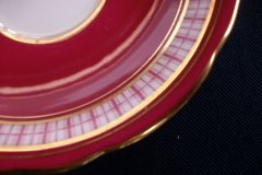 AYNSLEY #7228- RASPBERRY RED BODY, PLAID BAND, SCALLOPED, GILT -  CUP  &  SAUCER    .....   http://jaapiesfinechinastore.com