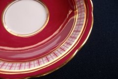 AYNSLEY #7228- RASPBERRY RED BODY, PLAID BAND, SCALLOPED, GILT -  CUP  &  SAUCER    .....   http://jaapiesfinechinastore.com