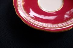 AYNSLEY #7228- RASPBERRY RED BODY, PLAID BAND, SCALLOPED, GILT -  CUP  &  SAUCER    .....   http://jaapiesfinechinastore.com