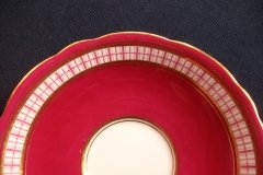 AYNSLEY #7228- RASPBERRY RED BODY, PLAID BAND, SCALLOPED, GILT -  CUP  &  SAUCER    .....   http://jaapiesfinechinastore.com