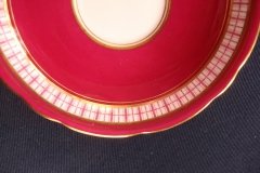 AYNSLEY #7228- RASPBERRY RED BODY, PLAID BAND, SCALLOPED, GILT -  CUP  &  SAUCER    .....   http://jaapiesfinechinastore.com