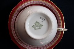 AYNSLEY #7228- RASPBERRY RED BODY, PLAID BAND, SCALLOPED, GILT -  CUP  &  SAUCER    .....   http://jaapiesfinechinastore.com