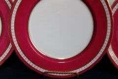 AYNSLEY #7228- RASPBERRY RED BODY, PLAID BAND, SCALLOPED, GILT -  PLAID- SALAD PLATE   .....   http://jaapiesfinechinastore.com