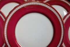 AYNSLEY #7228- RASPBERRY RED BODY, PLAID BAND, SCALLOPED, GILT -  PLAID- SALAD PLATE   .....   http://jaapiesfinechinastore.com