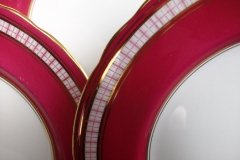 AYNSLEY #7228- RASPBERRY RED BODY, PLAID BAND, SCALLOPED, GILT -  PLAID- SALAD PLATE   .....   http://jaapiesfinechinastore.com