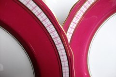 AYNSLEY #7228- RASPBERRY RED BODY, PLAID BAND, SCALLOPED, GILT -  PLAID- SALAD PLATE   .....   http://jaapiesfinechinastore.com