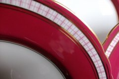 AYNSLEY #7228- RASPBERRY RED BODY, PLAID BAND, SCALLOPED, GILT -  PLAID- SALAD PLATE   .....   http://jaapiesfinechinastore.com