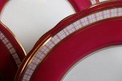 AYNSLEY #7228- RASPBERRY RED BODY, PLAID BAND, SCALLOPED, GILT -  PLAID- SALAD PLATE   .....   http://jaapiesfinechinastore.com