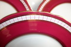 AYNSLEY #7228- RASPBERRY RED BODY, PLAID BAND, SCALLOPED, GILT -  PLAID- SALAD PLATE   .....   http://jaapiesfinechinastore.com
